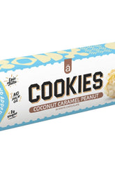 Nanosupps coconut caramel peanut cookies packaging with white chocolate, low sugar snack option.